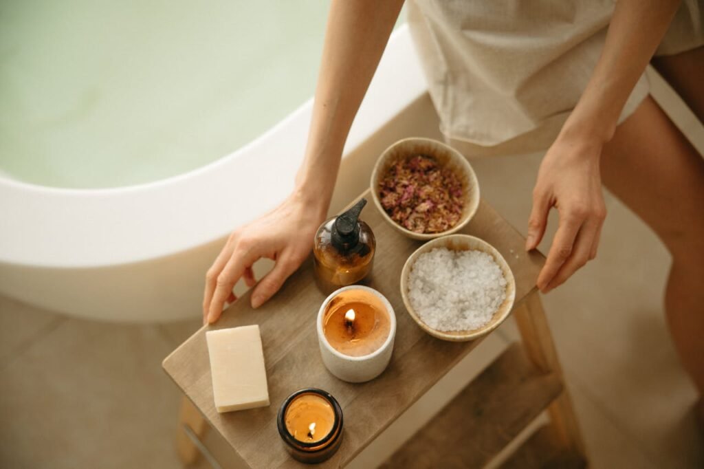Serene spa scene showcasing candles, bath salts, and soothing essentials for relaxation.